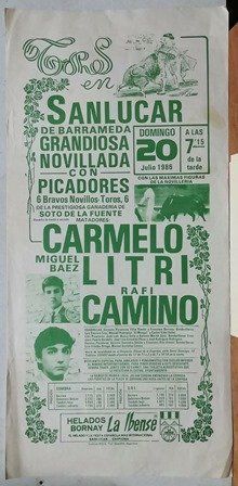 CARTEL TOROS EN SANLUCAR DE BARRAMEDA GRANDIOSA NOVILLADA DOMINGO 20 JULIO 1986