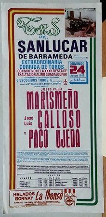 CARTEL TOROS SANLUCAR DE BARRAMEDA EXTRAORDINARIA CORRIDA DOMINGO 24 AGOSTO 1986