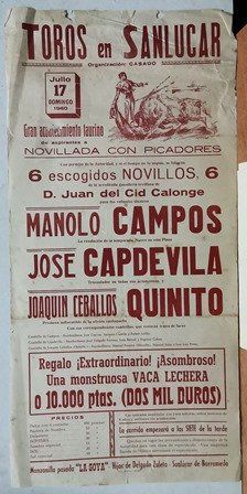 CARTEL TOROS EN SANLUCAR GRAN ACONTECIMIENTO TAURINO DOMINGO 17 JULIO 1960