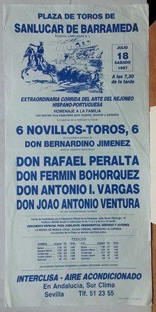 CARTEL PLAZA TOROS DE SANLUCAR EXTRAORDINARIA CORRIDA SABADO 18 JULIO 1987