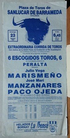 CARTEL PLAZA DE TOROS DE SANLUCAR EXTRAORDINARIA CORRIDA DOMINGO 23 AGOSTO 1987