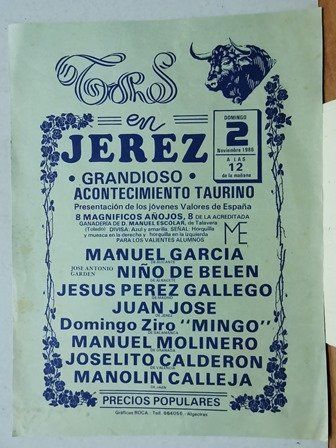 CARTEL TOROS EN JEREZ GRANDIOSO ACONTECIMIENTO TAURINO DOMINGO 2 NOVIEMBRE 1986