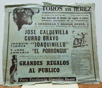 CARTEL TOROS EN JEREZ GRAN BECERRADA DE NOVELES SABADO 2 DE JULIO DE 1960