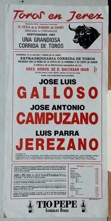 CARTEL TOROS EN JEREZ XL FIESTA DE LA VENDIMIA DEL SHERRY DOMINGO 13 SEPTIEMBRE 1987