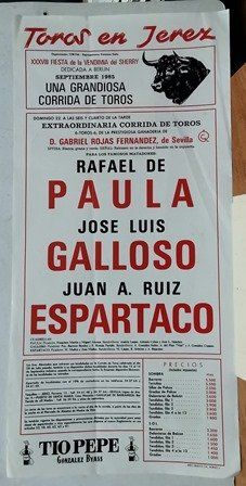 CARTEL TOROS EN JEREZ XXXVIII FIESTA DE LA VENDIMIA DEL SHERRY DOMINGO 22 SEPTIEMBRE 1987