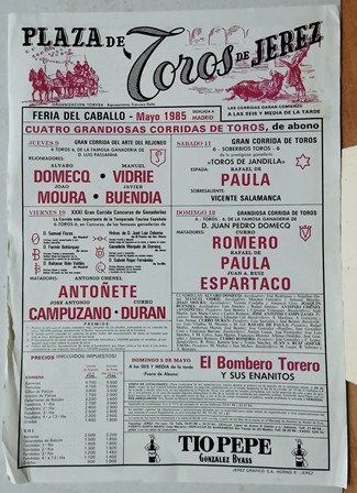 CARTEL PLAZA DE TOROS DE JEREZ FERIA DEL CABALLO MAYO 1985 4 GRANDIOSAS CORRIDAS