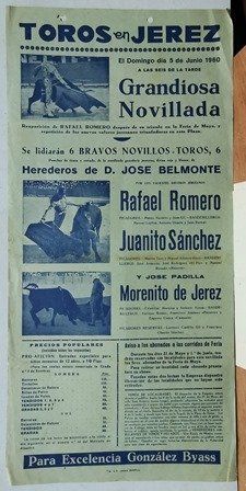 CARTEL TOROS EN JEREZ GRANDIOSA NOVILLADA DOMIGO 5 DE JUNIO 1960