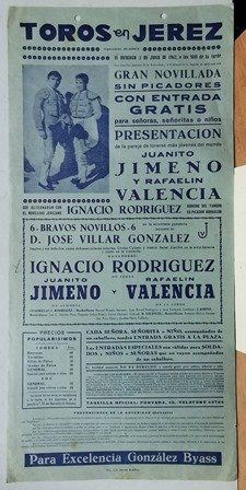 CARTEL TOROS EN JEREZ GRAN NOVILLADA SIN PICADORES DOMINGO 3 JUNIO 1962