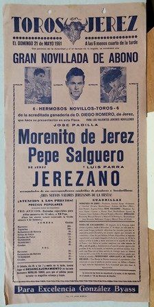 CARTEL TOROS EN JEREZ GRAN NOVILLADA DE ABONO DOMINGO 21 DE MAYO 1961