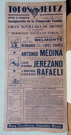 CARTEL TOROS EN JEREZ GRAN NOVILLADA DOMINGO DE RESURRECCION 22 ABRIL 1962