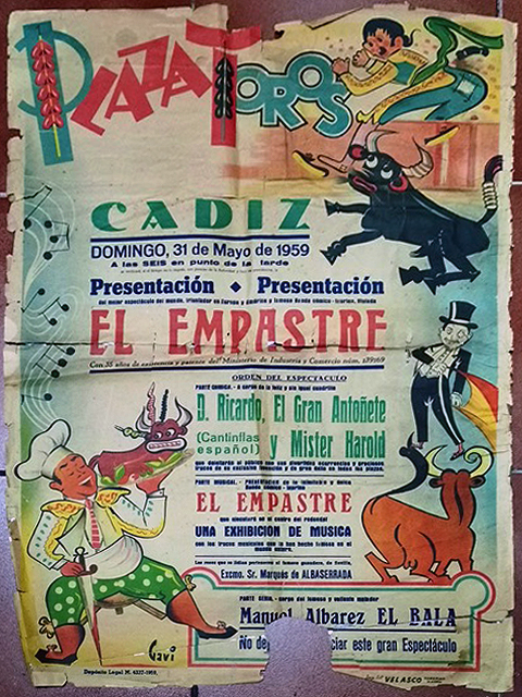 CARTEL PLAZA DE TOROS CADIZ EL EMPASTRE DOMINOG 31 DE MAYO DE 1959