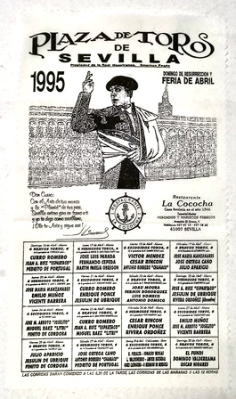 CARTEL DE TOROS EN SEDA PLAZA DE TOROS DE SEVILLA FERIA DE ABRIL 1995