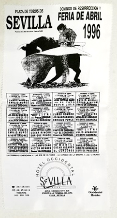 CARTEL DE TOROS EN SEDA PLAZA DE TOROS DE SEVILLA DOMINGO DE RESURRECCION Y FERIA DE ABRIL DE 1996
