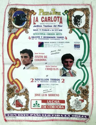 CARTEL DE TOROS EN SEDA PLAZA DE TOROS LA CARLOTA CORDOBA 1994
