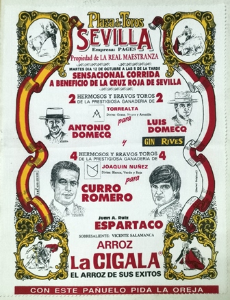 CARTEL EN SEDA PLAZA DE TOROS DE SEVILLA CORRIDA A BENEFICIO DE LA CRUZ ROJA