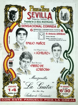 CARTEL DE TOROS EN SEDA PLAZA DE TOROS DE SEVILLA 1994