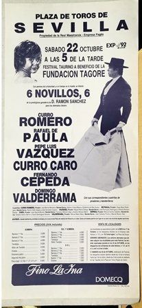 CARTEL PLAZA DE TOROS DE SEVILLA (EXPO 92) SABADO 22 FESTIVAL TAURINO A BENEFICIO DE FUNDACION TAGORE