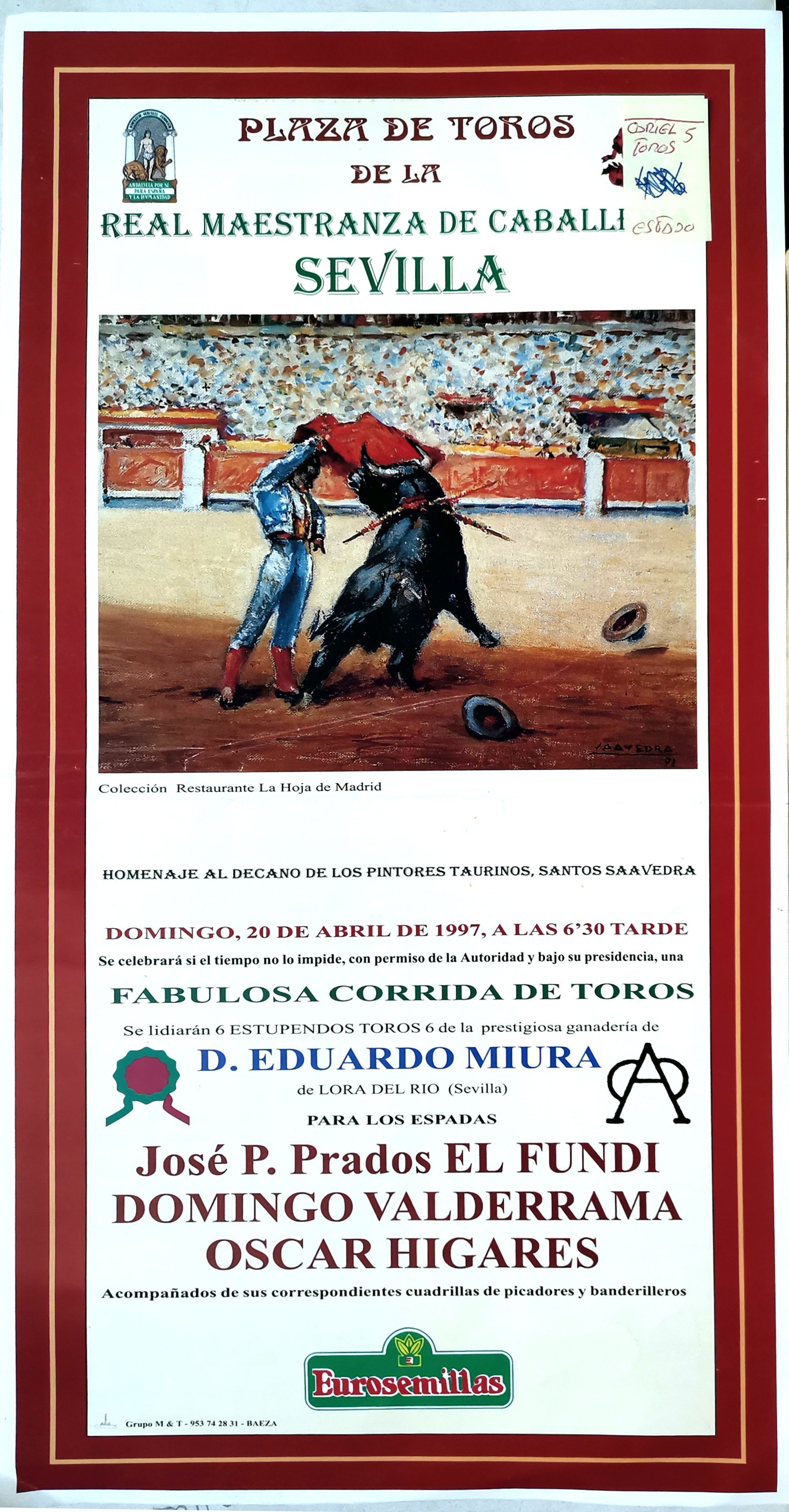 CARTEL PLAZA DE TOROS DE LA REAL MAESTRANZA DE CABALLERIA DE SEVILLA 20 ABRIL 1997