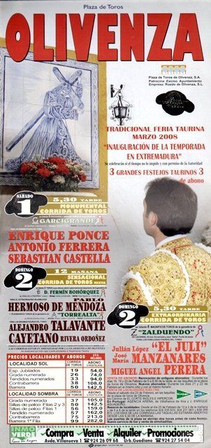 CARTEL PLAZA DE TOROS OLIVENZA (BADAJOZ) FERIA TAURINA MARZO 2008 DIAS 1 Y 2