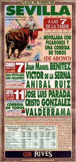 CARTEL PLAZA DE TOROS DE SEVILLA DOMIGO 7 Y JUEVES 11 DE MAYO 1998