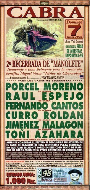 CARTEL PLAZA DE TOROS DE CABRA (CORDOBA) DOMINGO 7 DE JUNIO DE 1998