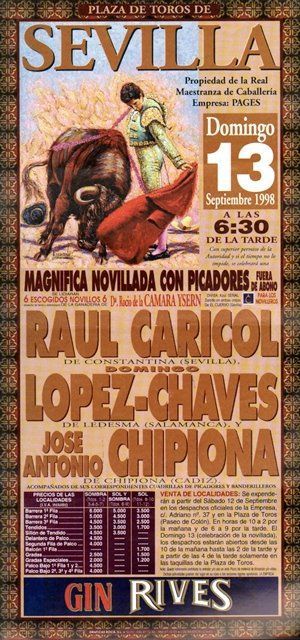 CARTEL PLAZA DE TOROS DE SEVILLA DOMINGO 13 DE SEPTIEMBRE 1998