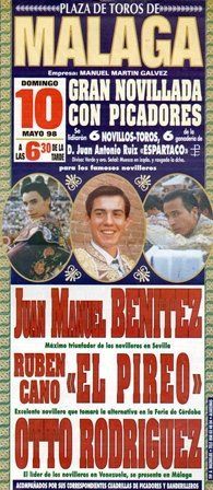 CARTEL PLAZA DE TOROS DE MALAGA DOMINGO 10 DE MAYO DE 1998