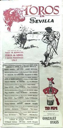 CARTEL EN SEDA  TOROS EN SEVILLA PASCUA DE RESURRECCION, FERIA DE ABRIL 1963