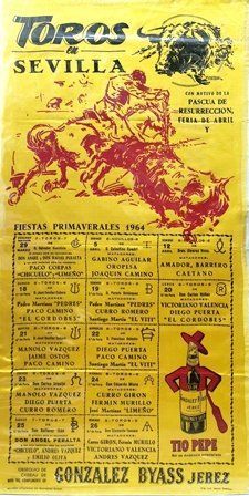 CARTEL EN SEDA TOROS EN SEVILLA PASCUA DE RESURRECCION, FERIA DE ABRIL 1964