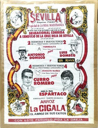CARTEL EN SEDA PLAZA DE TOROS SEVILLA CORRIDA A BENEFICIO DE LA CRUZ ROJA DE SEVILLA