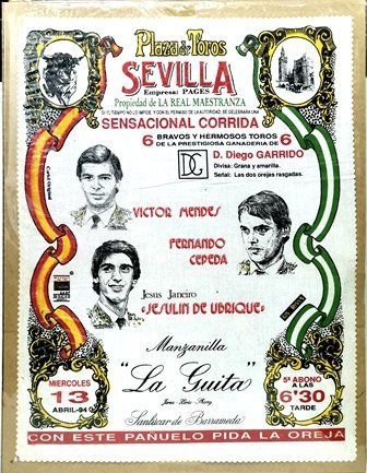 CARTEL EN SEDA PLAZA DE TOROS SEVILLA - V. MENDES, FDO. CEPEDA Y JESULIN 13 ABRIL 1994