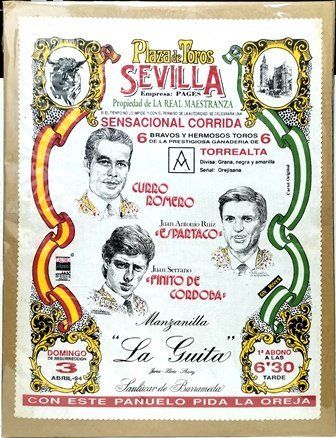 CARTEL EN SEDA PLAZA TOROS SEVILLA - CURRO ROMERO, ESPARTACO FINITO DE CORDOBA 3 ABRIL 1994