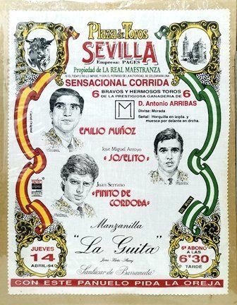 CARTEL EN SEDA PLAZA TOROS SEVILLA - E.MUÑOZ, JOSELITO Y FINITO DE CORDOBA 14 ABRIL 1994