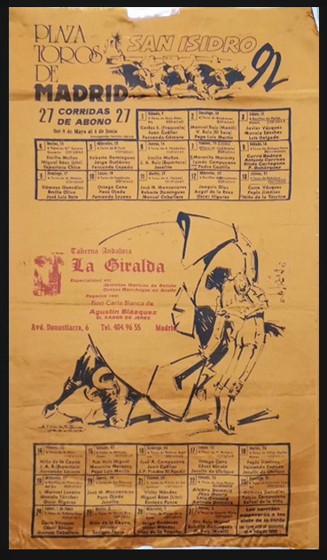 CARTEL TOROS PLAZA DE TOROS DE MADRID SAN ISIDRO AÑO 1992 EN SEDA