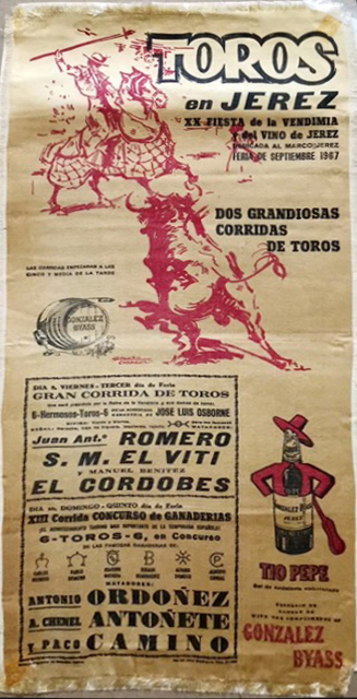 CARTEL TOROS EN JEREZ XX FIESTA DE LA VENDIMIA DEL VINO DE JEREZ AÑO 1967 EN SEDA