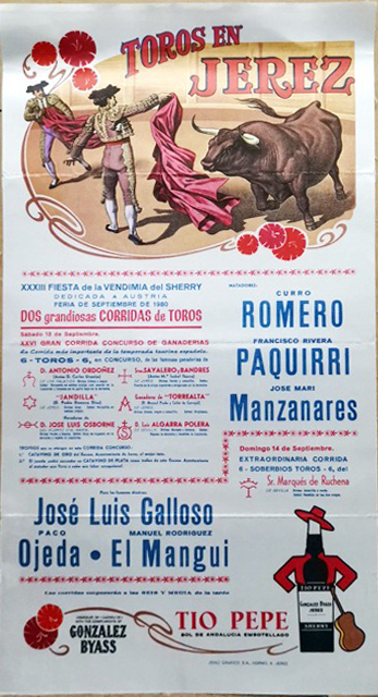 CARTEL TOROS EN JEREZ XXXIII FIESTA DE LA VENDIMIA DEL SHERRY AÑO 1980 EN SEDA