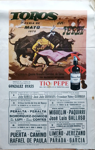 CARTEL TOROS EN JEREZ FERIA DE MAYO EN JEREZ AÑO 1972 EN SEDA