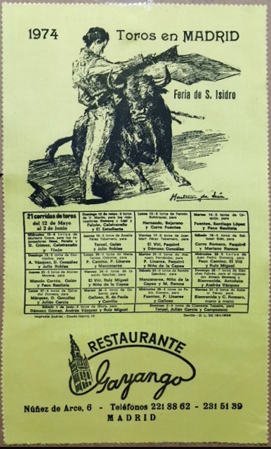 CARTEL TOROS PLAZA DE TOROS DE MADRID FERIA DE SAN ISIDRO AÑO 1974 EN SEDA