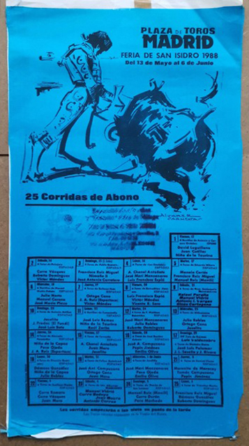 CARTEL TOROS PLAZA DE TOROS DE MADRID FERIA DE SAN ISIDRO AÑO 1988 EN SEDA