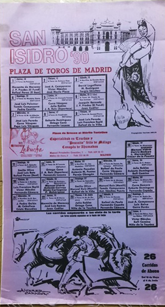 CARTEL TOROS PLAZA DE TOROS DE MADRID FERIA DE SAN ISIDRO AÑO 1990 EN SEDA