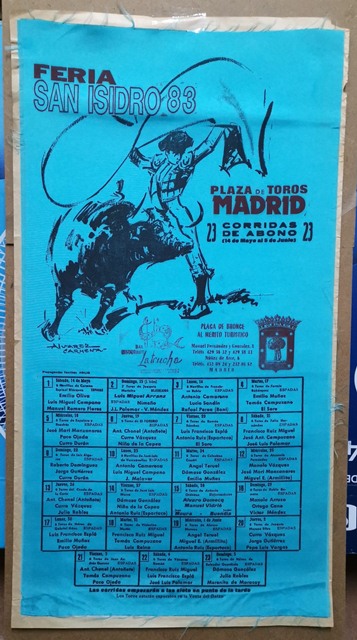 CARTEL TOROS PLAZA DE TOROS DE MADRID FERIA DE SAN ISIDRO AÑO 1983 EN SEDA