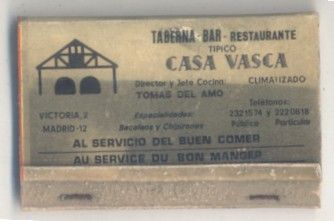 CAJA DE CERILLA TABERNA BAR RESTAURANTE CASA VASCA PEDIDO MINIMO 5€