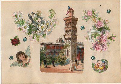 1 + 4 CROMOS TROQUELADOS DE ÉPOCA. PALACIO. MONTADOS SOBRE CARTULINA DE 23X16 CM.