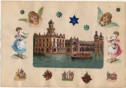 1 + 9 CROMOS TROQUELADOS DE ÉPOCA. PALACIO. MONTADOS SOBRE CARTULINA DE 23X16 CM.