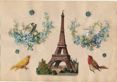 3 + 2 CROMOS TROQUELADOS DE ÉPOCA. TORRE EIFFEL. MONTADOS SOBRE CARTULINA DE 23X16 CM.