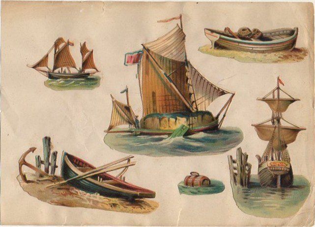 6 CROMOS TROQUELADOS DE ÉPOCA. MARINA. MONTADOS SOBRE CARTULINA DE 23X16 CM.