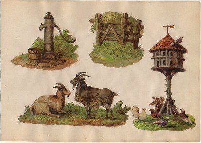 5 CROMOS TROQUELADOS DE ÉPOCA. ESCENAS DE CAMPO. MONTADOS SOBRE CARTULINA DE 23X16 CM.