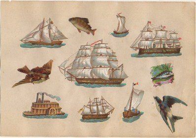 11 CROMOS TROQUELADOS DE ÉPOCA. MARINA. MONTADOS SOBRE CARTULINA DE 23X16 CM.