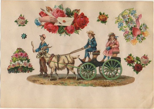 5 CROMOS TROQUELADOS DE ÉPOCA. CARRETA Y FLORES. MONTADOS SOBRE CARTULINA DE 23X16 CM.