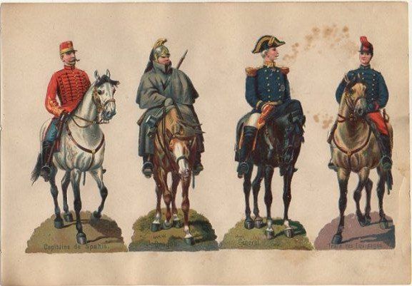 4 CROMOS TROQUELADOS DE ÉPOCA. CABALLERIA ESPAÑOLA. MONTADOS SOBRE CARTULINA DE 23X16 CM.